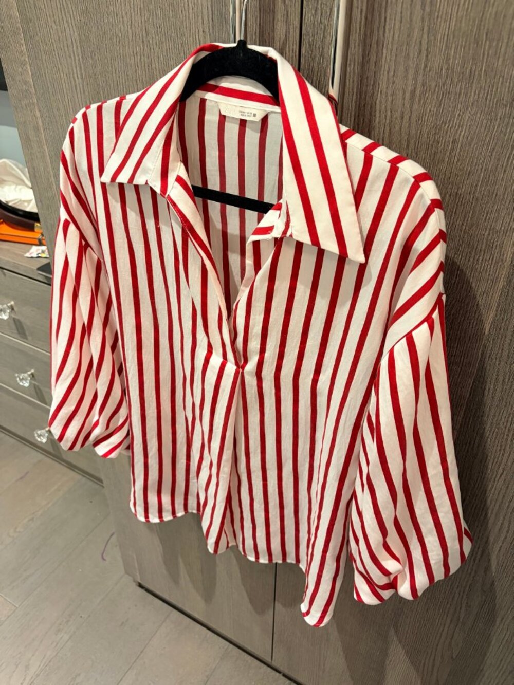 Zara Red White Striped Balloon-Sleeve Button-Up Shirt